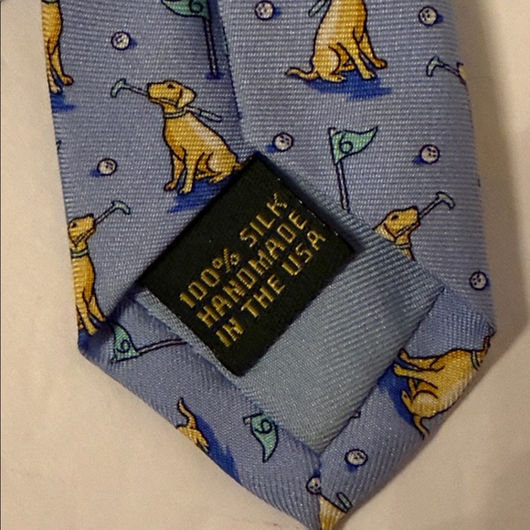 BIRD DOG BAY MENS TIE ACCESSORY DOG AND GOLF THEME BLUE YELLOW SILK USA HANDMADE - Picture 7 of 7